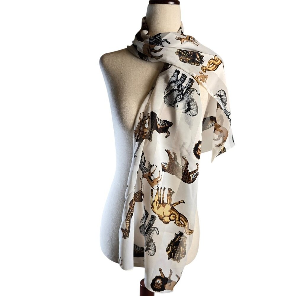 Animal Scarf Women Rectangle Wrap White Safari Zoo Elephant Camel Lion Tiger Cat